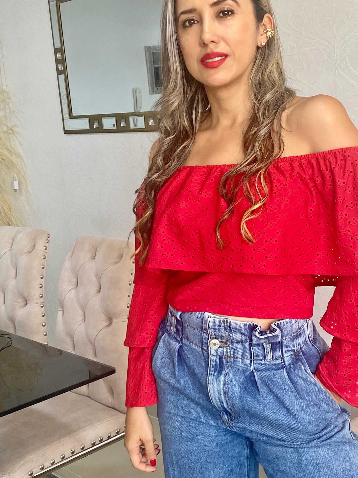 Blusa Campesina Hoja Rota Color Rojo